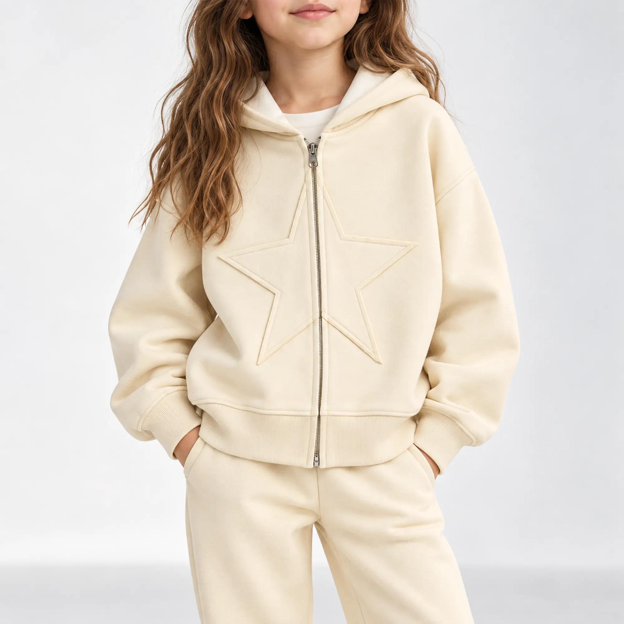 سويت شيرت بغطاء للرأس وسحاب كامل ونقش نجوم للبنات product image